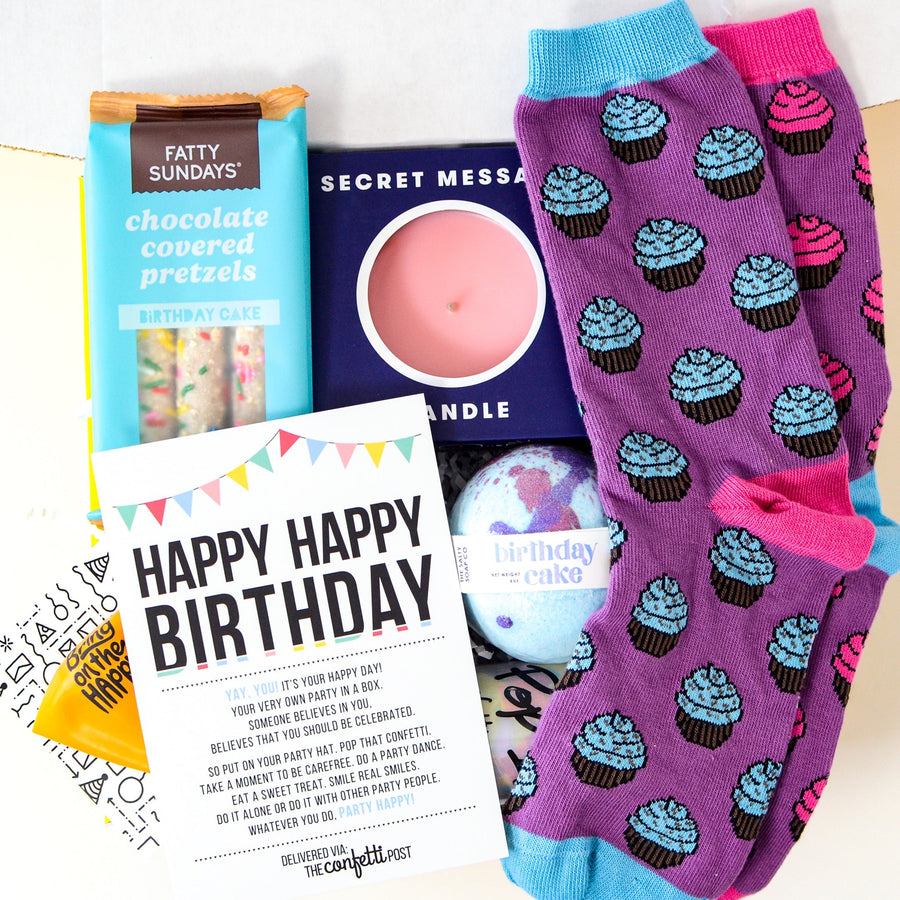 birthday box for her | long distance birthday care package with socks, candle, bath bomb, and treats