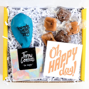 Oh Happy Day Letterpress Card_Congratulations Gift Box with treat, balloon, and confetti