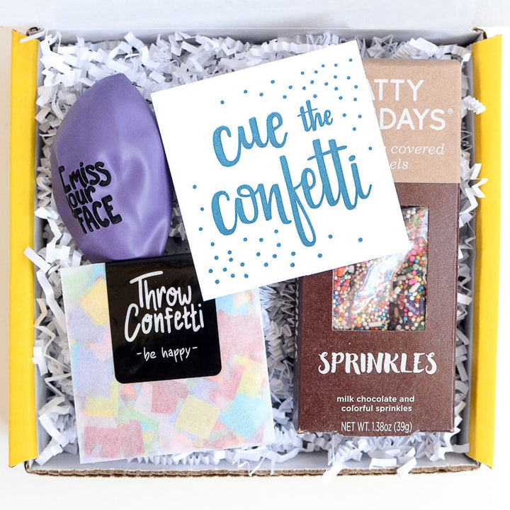 Cue the Confetti Congratulations Gift Box with treat, confetti, and balloon
