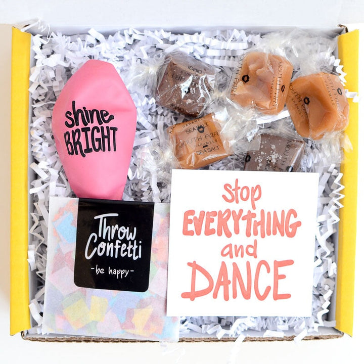 Stop Everything and Dance_Thinking of You Gift Box with confetti, balloon, and treat