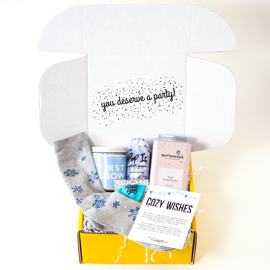 Winter Gift Box Delivery_Cozy Wishes Scarf, tea, and candle Care Package | Christmas gift basket delivery