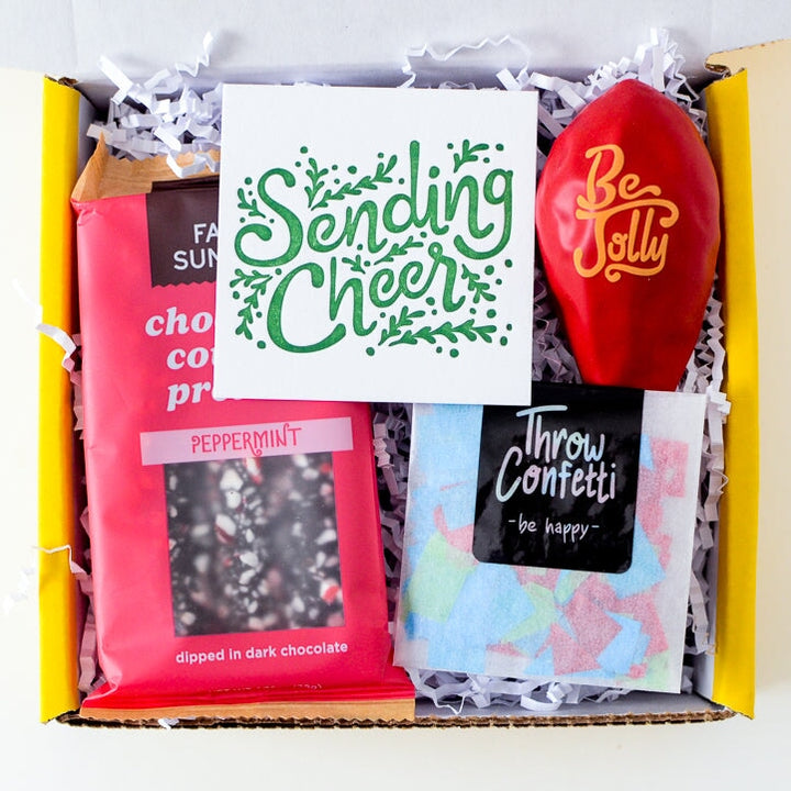 Teeny Sending Cheer | affordable christmas gift basket delivery with card, confetti, treat, and Be Jolly Balloon