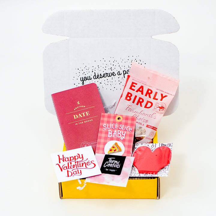 Long Distance Valentine's Day Gift for Boyfriend_Teeny Party in a box with balloons, treats, date night book, and pizza heart pin