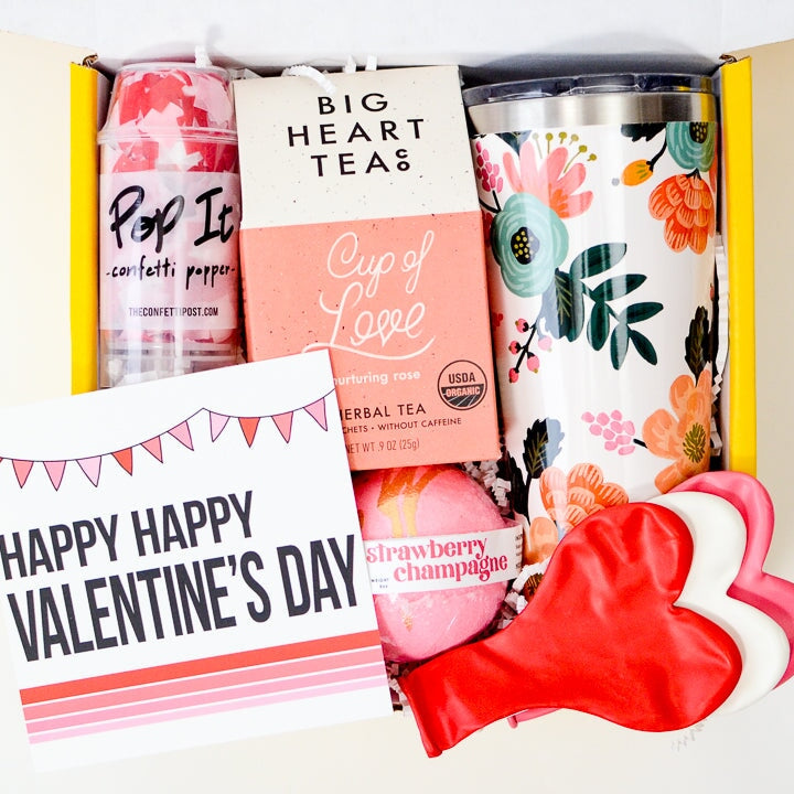 Valentine's Day Gift Box_Care Package for Galentine's Day or Long Distance Girlsfriend_Includes card, flower mug, Love Tea, Confetti, Heart Balloons, and Bath Bomb