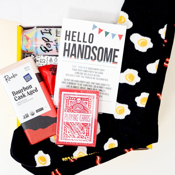 Hello Handsome Gift Box_long distance birthday gift idea for boyfriend with bourbon chocolate bar, socks, and playing card