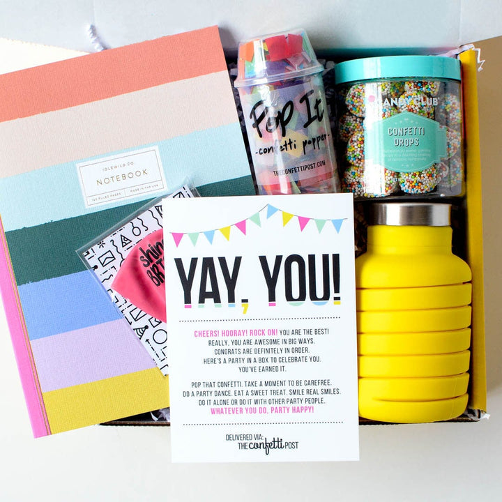 Graduation or Congratulations Gift Box with rainbow notebook, candy, and water bottle