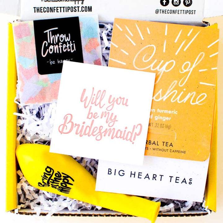 Will You Be My Bridesmaid Box with treat, card, confetti, and balloon
