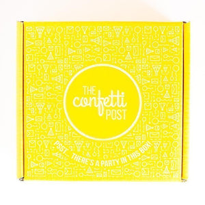 Yellow Square Cardboard Box with small party graphic print, The Cconfetti Post Logo, and the words "PSST...There's a party in this box!"