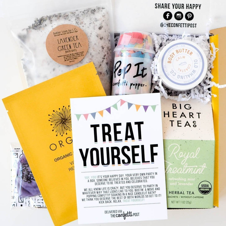 Treat Yourself_ Spa Party Gift Box Basket with bath salts, tea, body butter, and face mask