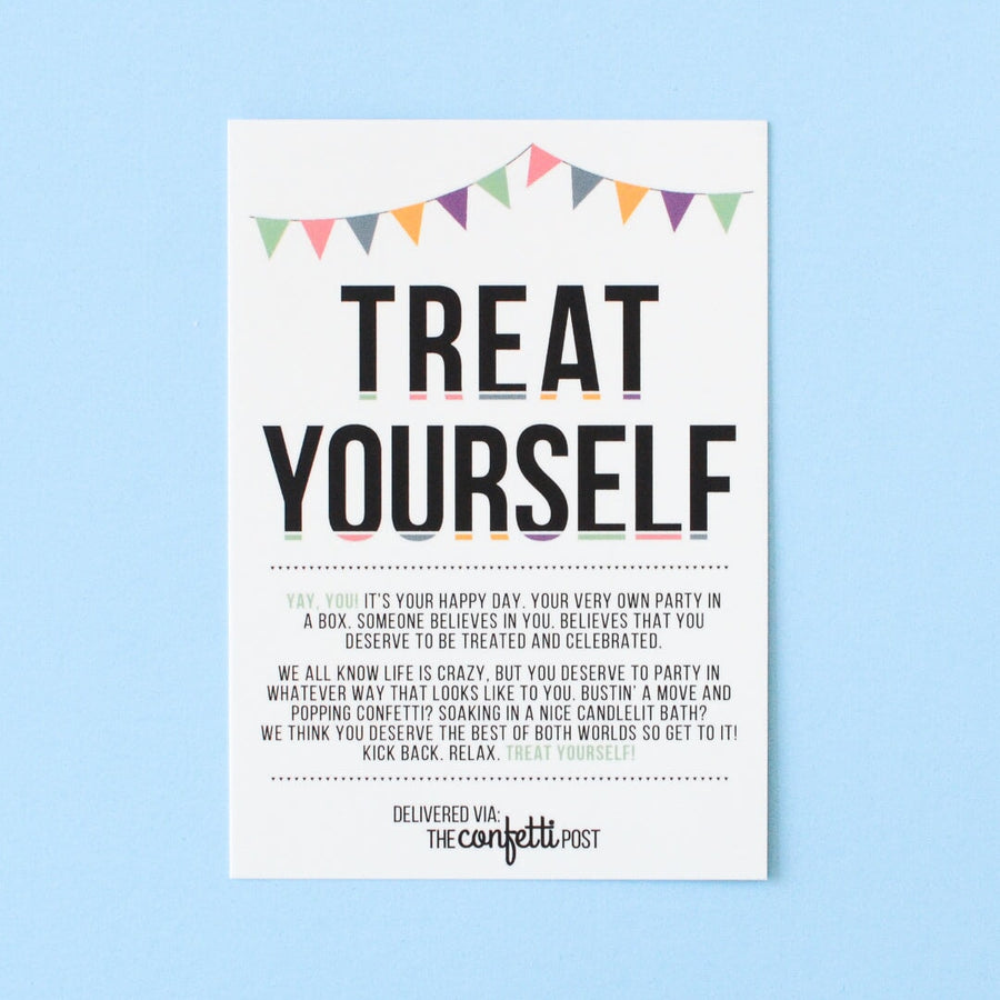 Greeting Card that comes with gift box with a party bunting and the words "Treat Yourself"