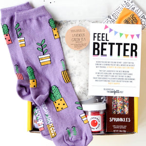 Get Well Care Package | Feel Better Party Gift Box with colorful gifts inside yellow box