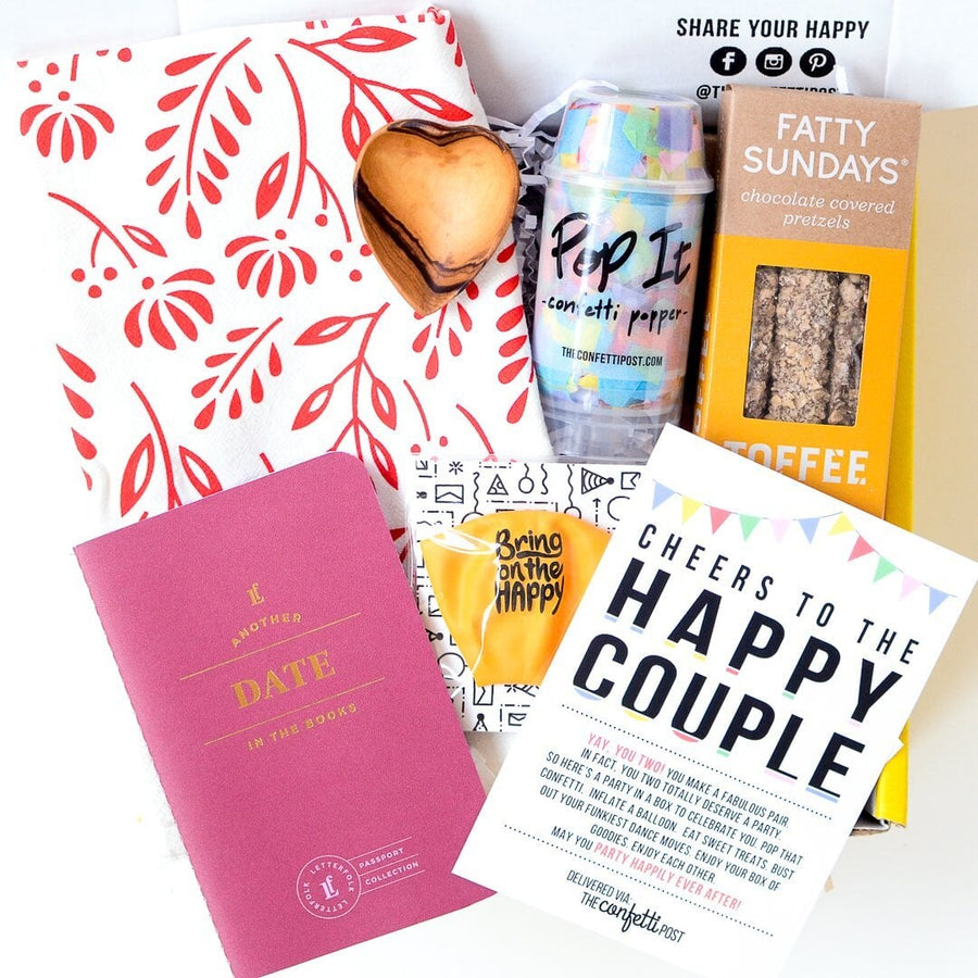 Happy Couple Gift Box | Fun engagement gift idea with ring dish, date night book, treats, and dish towel